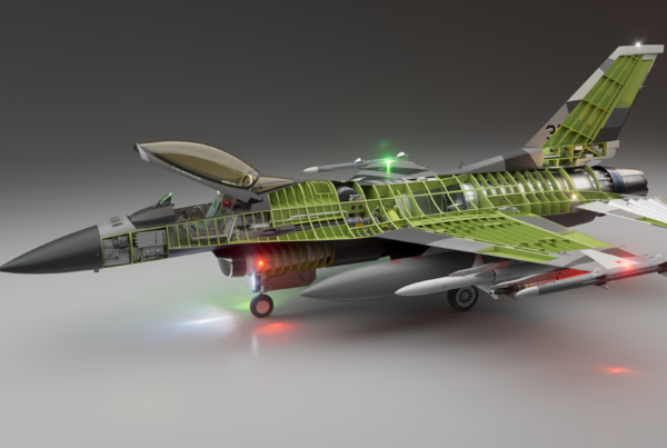 A 3D cutaway of an F-16 Fighting Falcon showing its internal structure and components