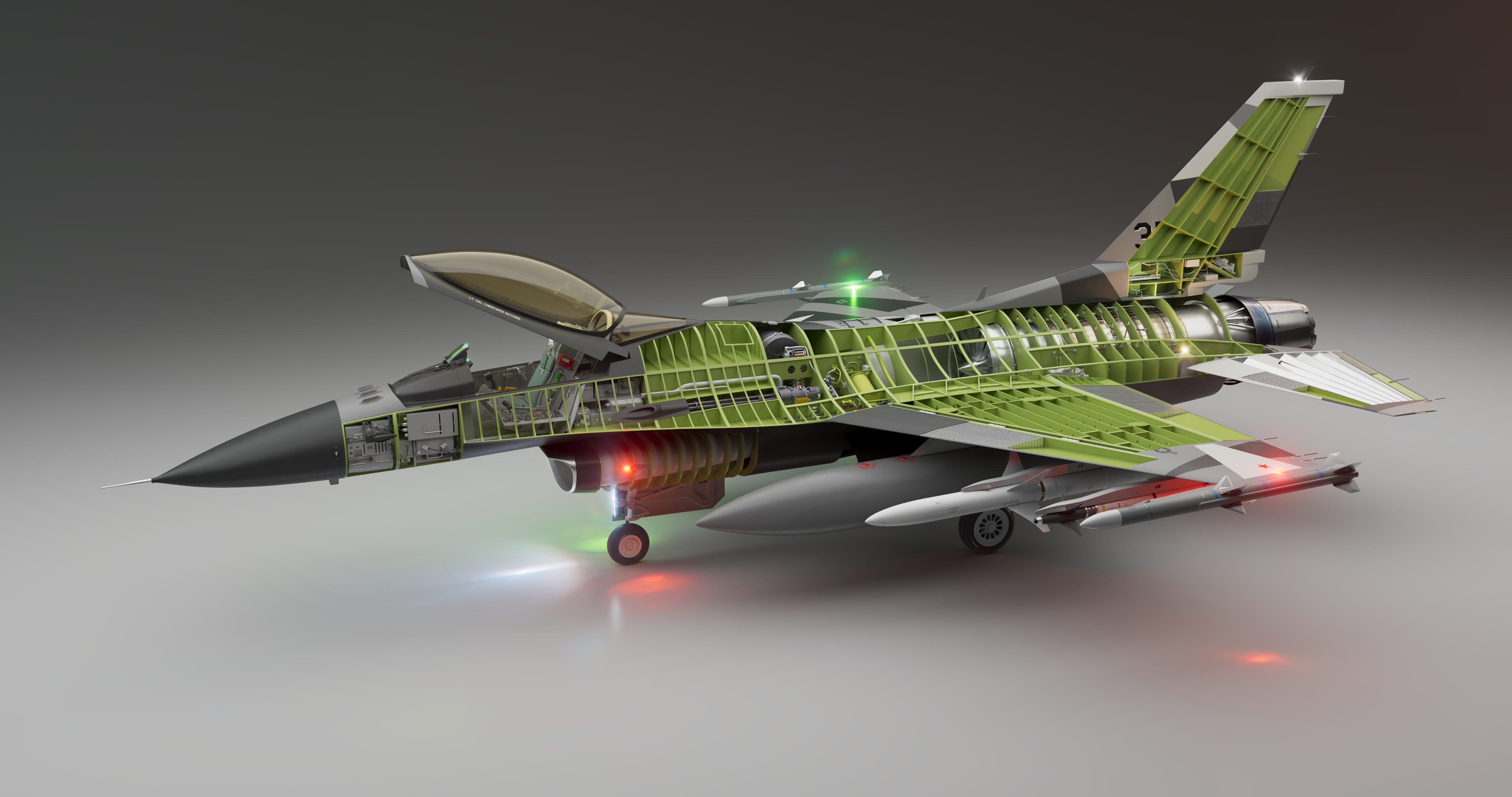 A 3D cutaway of an F-16 Fighting Falcon showing its internal structure and components